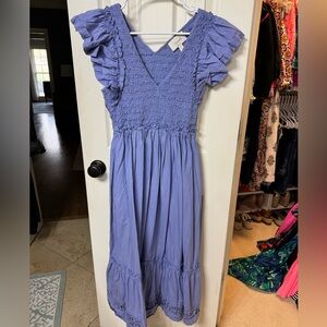 Smocked V-Neck Ruffle Sleeve Maxi Dress - Blue/Periwinkle